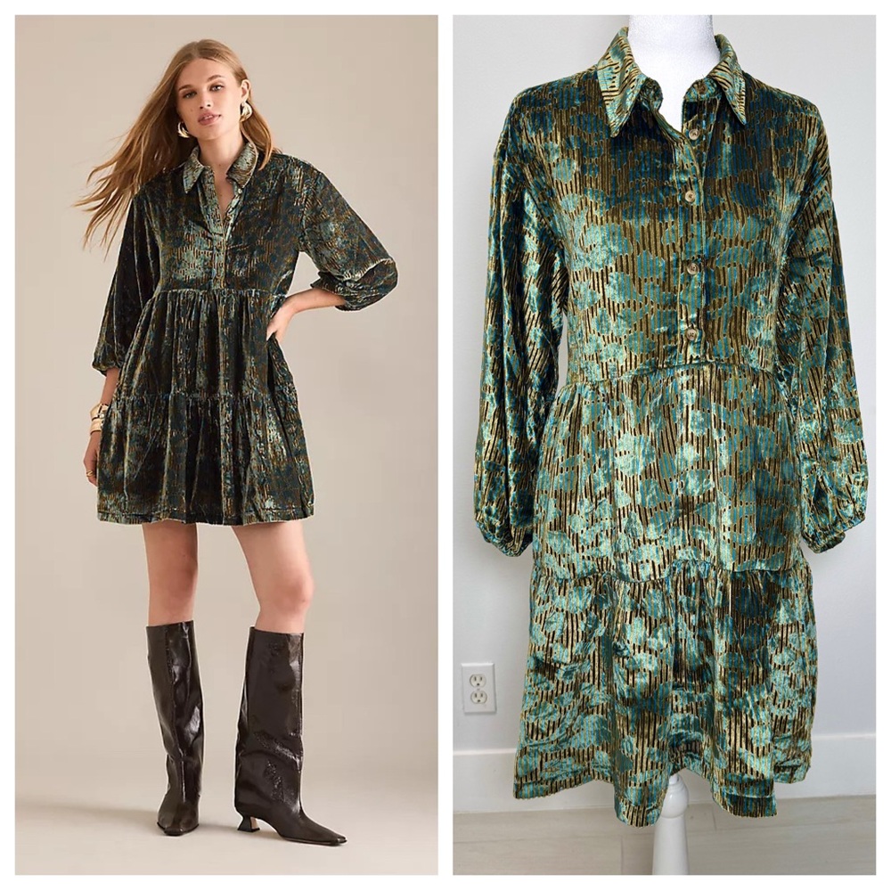 Anthropologie Boho Goddess Maeve Bettina Velvet Tiered Shirt Mini Dress NWT M